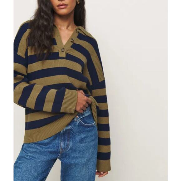 Reformation Brooklyn Cotton Polo Sweater Size Small Collared Navy Gold Stripe - Picture 1 of 8